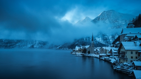 Winter landscape - Mountains, Trees, Snow, Lake, City