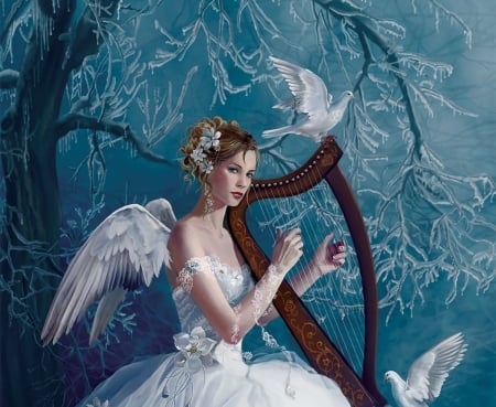 Winter angel - winter, bird, iarna, dove, girl, blue, art, wings, white, nene thomas, fantasy, lira, harpa, luminos, angel