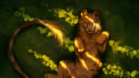 Fantasy lion - fantasy, minea juntura, green, lion, orange, art, luminos