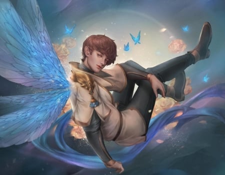 Fairy boy - wings, fantasy, edenchang, fairy boy, luminos, blue, man, art