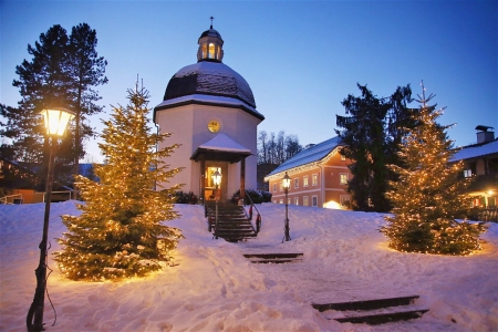 The Silent Night Chapel near Salzburg, Austria - snow, trees, winter, light