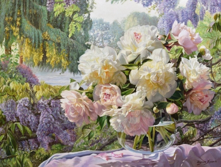 Peonies - peony, pictura, zbigniew kopania, painting, flower, art