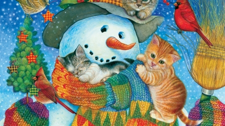 cute snowman with kittens