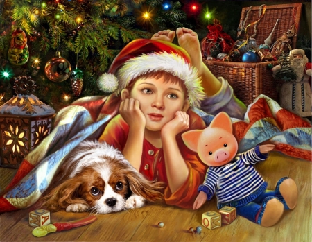 Waiting for Santa - dog, waiting, christmas, tree