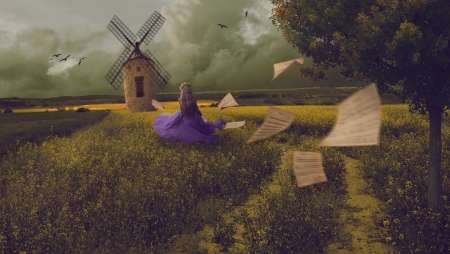 :-) - steven khong, dress, girl, creative, fantasy, wind, purple, paper, windmill