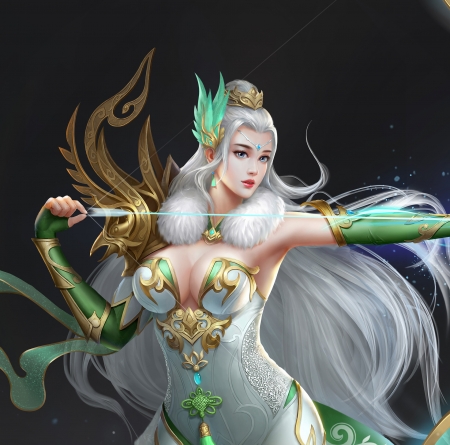 Archer - white, girl, luminos, frumusete, green, fantasy, archer