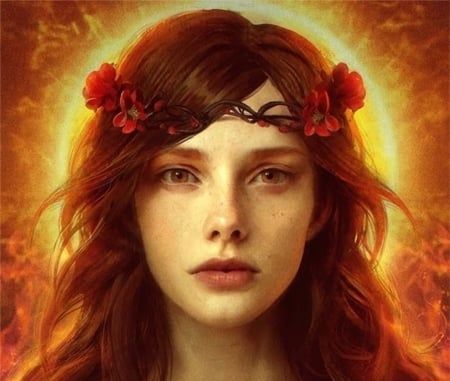 Heles - redhead, girl, wreath, fantasy, fire, gerry arthur, face, luminos, red, orange