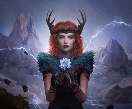 Skyqueen - blue, girl, flower, horns, fantasy, redhead, green, gerry arthur, luminos