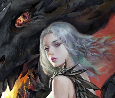 Dragon Lady - fantasy, mumu mei, dragon eye, girl, art, luminos