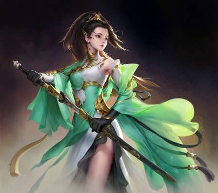 Fighter - fighter, frumusete, fantasy, green, girl, sword, wenfei ye, luminos