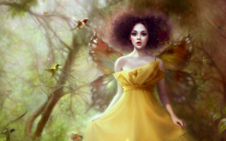 Fairy - ruoxin zhang, yellow, dress, girl, frumusete, wings, butterfly, fairy, luminos