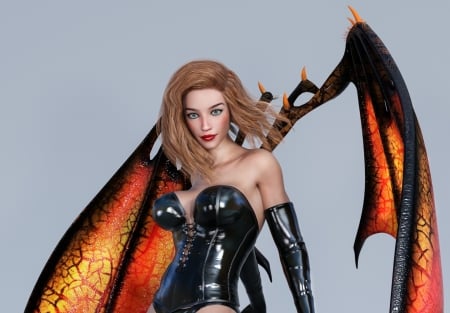 Demoness - black, bat, fantasy, wings, girl, orange, demon