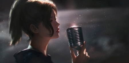 :) - art, girl, microphone, dark, luminos, chen wang, fantasy