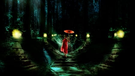 :) - parasol, night, fantasy, creative, monk, dark, red, umbrella, boy, green, darkmoon1968, lights