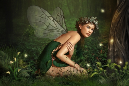 Fairy - forest, girl, luminos, wings, green, fairy, fantasy