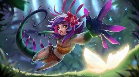 Neeko - girl, lol, fourone, pink, chameleon, fantasy, hand, neeko, green, luminso