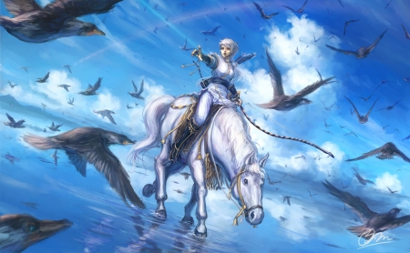 :) - summer, horse, bird, water, girl, blue, white, fantasy, makoto shiki, pasari, sea, luminos, vara