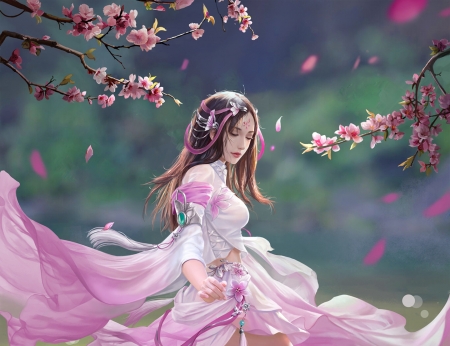 Spring joy - dress, girl, spring, petals, pink, frumusete, fantasy, princess, dance, guanjie wang, art, asian, luminos