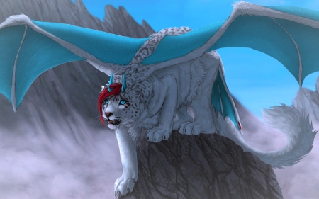 :) - white, snow leopard, luminos, blue, creature, wings, deyvarah, fantasy