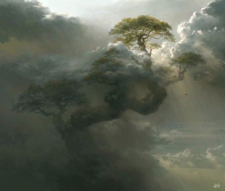 The tree - fantasy, tianhua xu, cloud, art, tree, luminos, sky