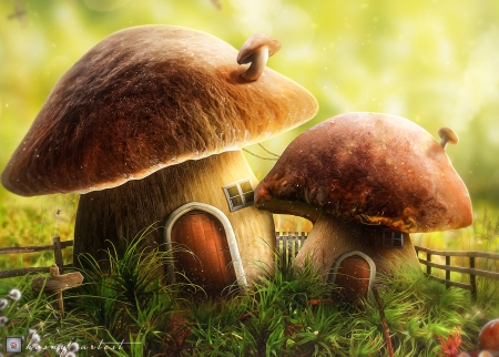 Mushroom houses - house, fantasy, mushroom, green, orange, hosni qanadelo, luminos