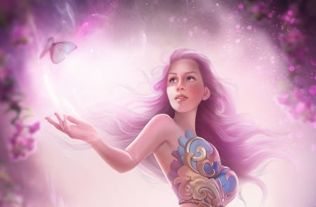 Fantastic girl - butterfly, fantasy, pink, hand, hosne qanadelo, luminos, fantastic girl, blue