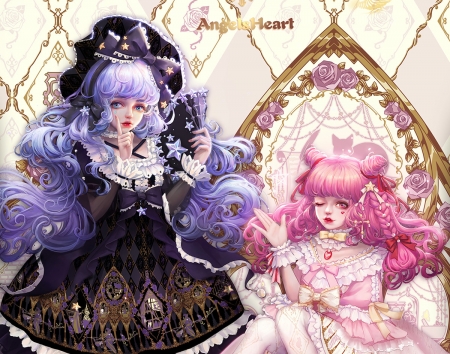 Freya and Eruda - freya, girl, couple, frumusete, fantasy, milkyu dong, pink, luminos, blue, eruda