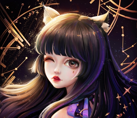 Cat - milkyu dong, face, girl, cat, luminos, pisici, frumusete, fantasy