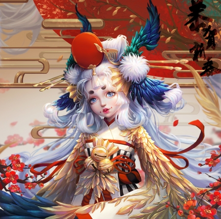 Onmyouji - blue, girl, feather, onmyouji, frumusete, fantasy, white, milkyu dong, red, luminos