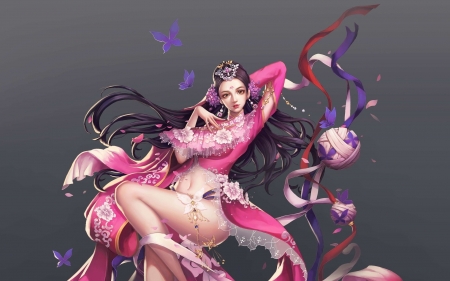 Fantasy girl - frumusete, hand fan, fantasy, milkyu dong, girl, pink, luminos