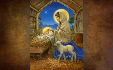 Nativity - sheep, jesus, baby, nativity, mary, manger, virgin