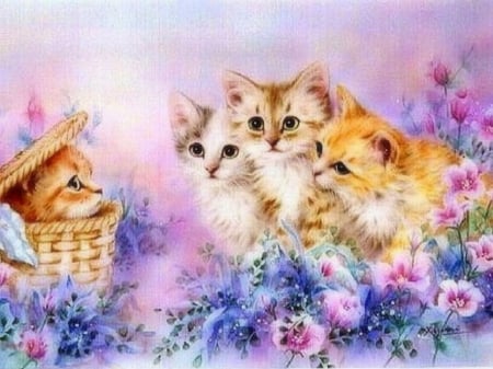 Kitty in a Basket - basket, kittens, blue, four, pansy, pink