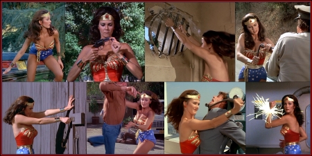 Actress Lynda Carter as Wonder Woman in Action - wonder woman, sexy wonder woman, wonder woman bending guns, 70s wonder woman, lynda carter