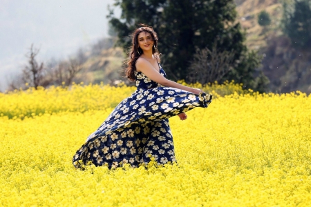 Pretty Woman in a Field of Flowers - flowers, model, dress, field, brunette