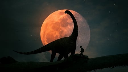 :-) - moon, silhouette, thiago garcia, night, fantasy, dinosaur, luminos, boy, orange, luna