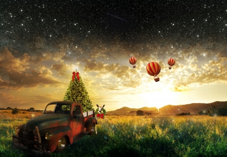 Christmas Ride - sunset, car, balloons, tree, decorarion, sky