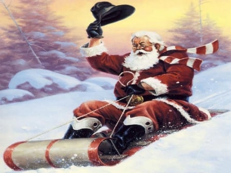 JOY RIDIN' SANTA - hat, winter, christmas, santa, red, suit, sleigh, snow, holiday