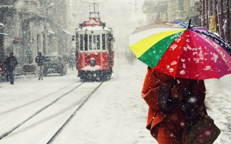 Winter Life - girl, tram, umbrella, winter, snowy