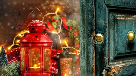 Merry Christmas - candle, lantern, door, red, holiday, winter, decoration, christmas