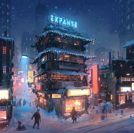 Expanse - winter, people, nikolai lockertsen, city, fantasy, craciun, lights, iarna, luminos, building