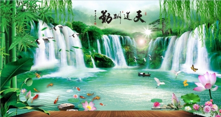 Oriental Waterfall Mural - wall, green, mural, oriental, waterfall