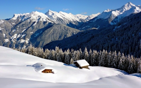 Winter in Mountains - winter, cabins, snow, forest, mountains