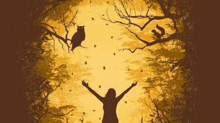 :-) - bird, yellow, brown, girl, silhouette, bufnita, veverita, owl, pasari, fantasy, martin knight, squirrel, luminos