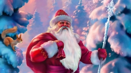 Santa Claus - veverita, craciun, squirrel, winter, fantasy, christmas, santa, pink, man, luminos, red, blue, old