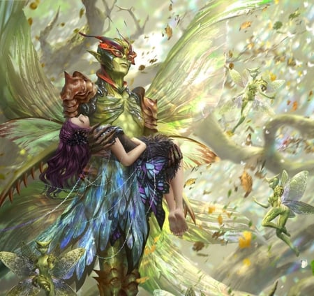 Breeze - couple, wings, fantasy, luminos, blue, green, breeze, fairy, hoang lap solan