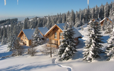 Mountain Houses - trees, winter, snow, houses, mountains