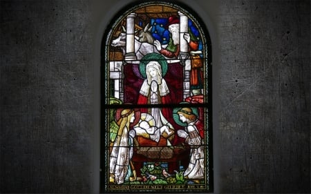 Nativity in Stained Glass - joseph, animals, nativity, mary, manger, jesus, church, stained glass, angels