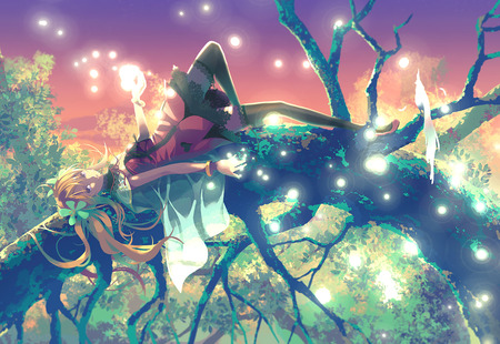 Laying Down - laying, branches, vofan, twintails, anime, trunk, tree