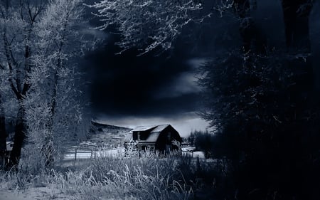 Scenic Winter - ice, scenic, dark, blue, winter, house, road, christmas