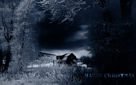 Scenic Winter Marry Christmas - house, christmas, ice, winter, blue, road, scenic, dark